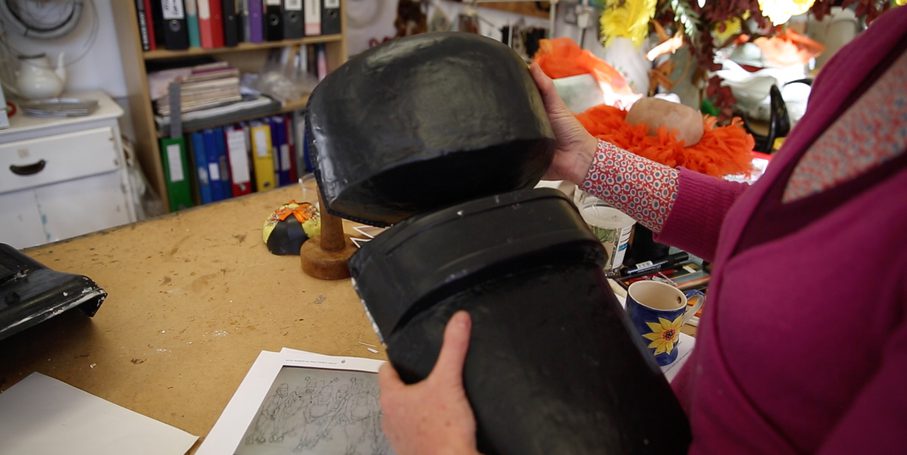 Two pieces of a welding mask for the ENO's production of Benvenuto Cellini
